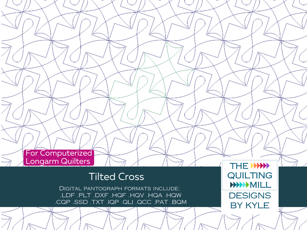 Tilted Cross faith inspired digital quilting pantograph product image with The Quilting Mill logo, showing tilted cross shapes for longarm quilting