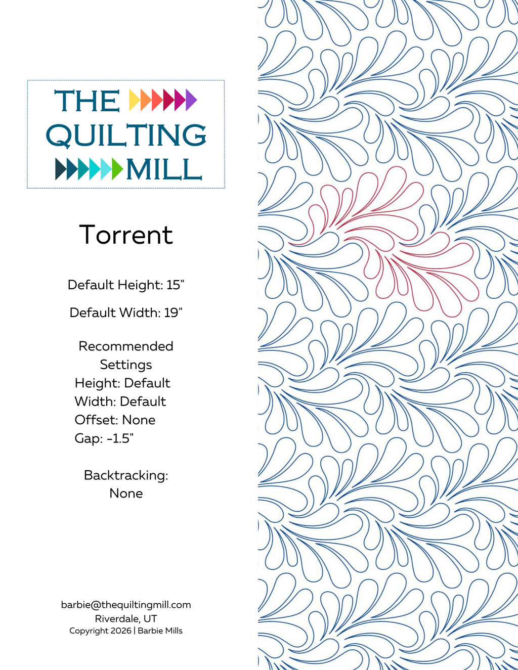 Torrent feather digital pantograph specifications and recommended settings guide for longarm quilting machines and embroidery software