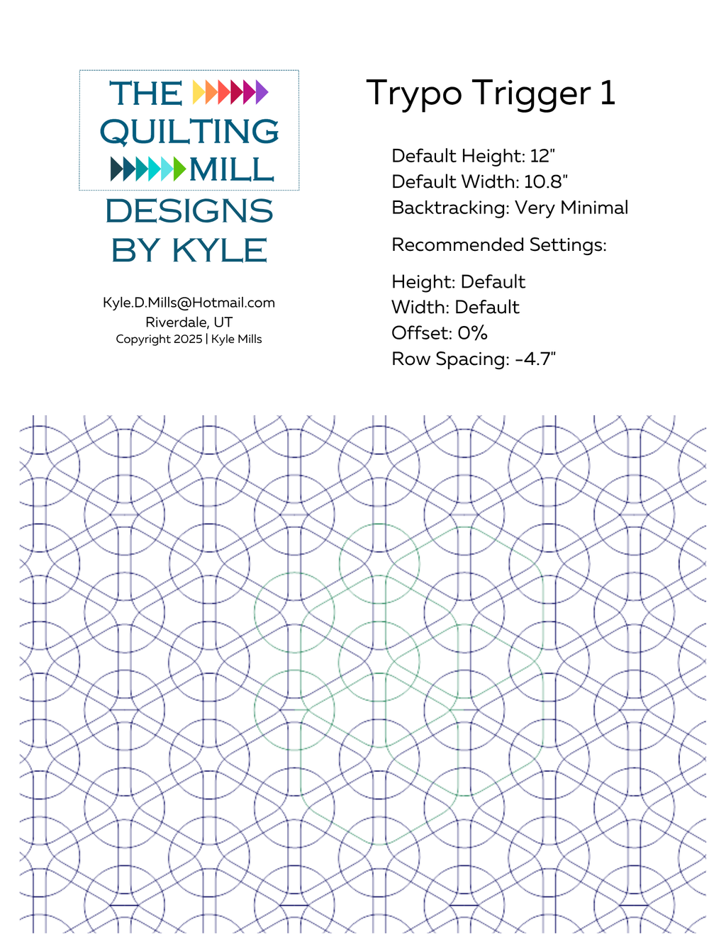 Trypo Trigger 1 digital pantograph info sheet showing default height, width, offset, and recommended row spacing settings