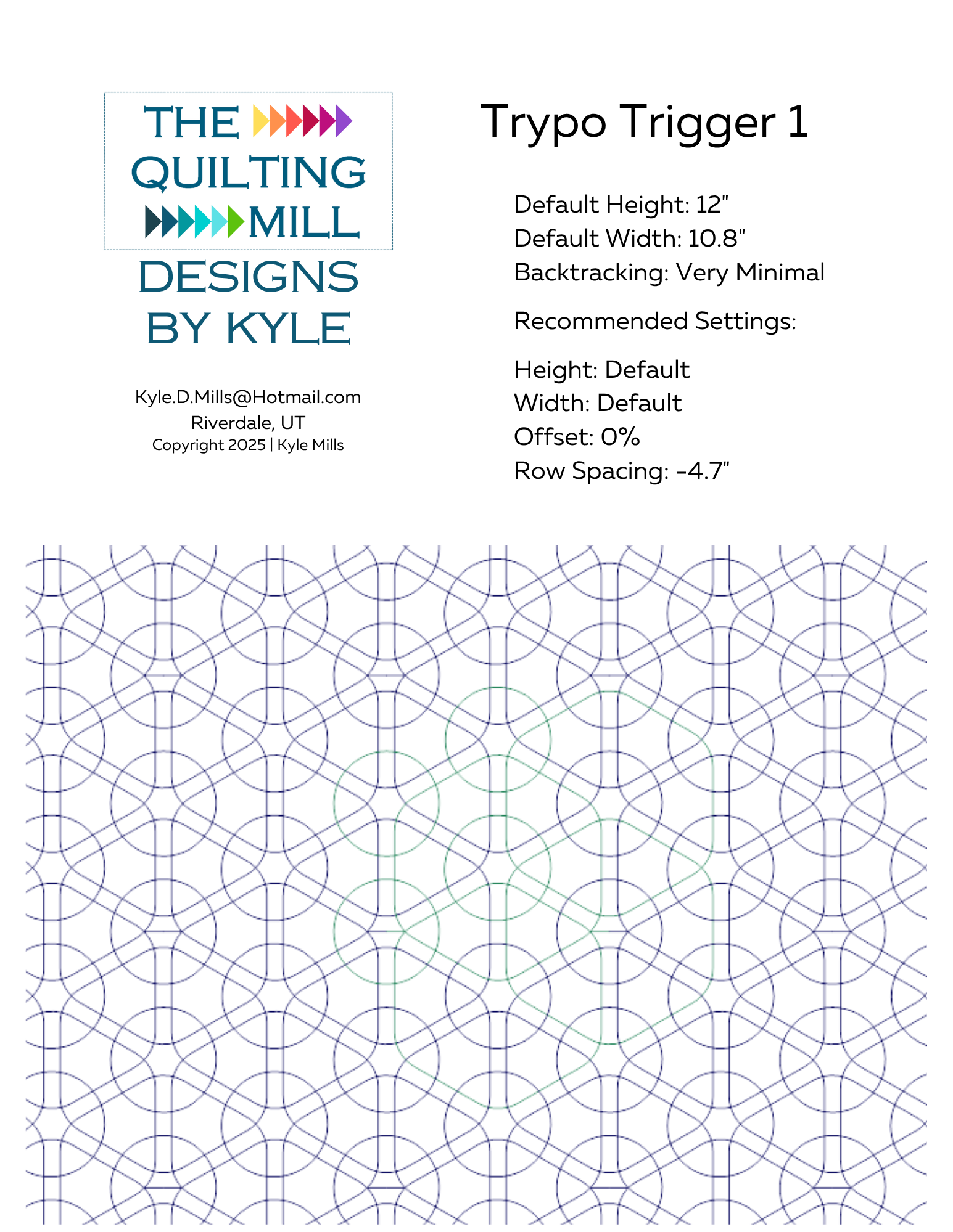 Trypo Trigger 1 digital pantograph info sheet showing default height, width, offset, and recommended row spacing settings