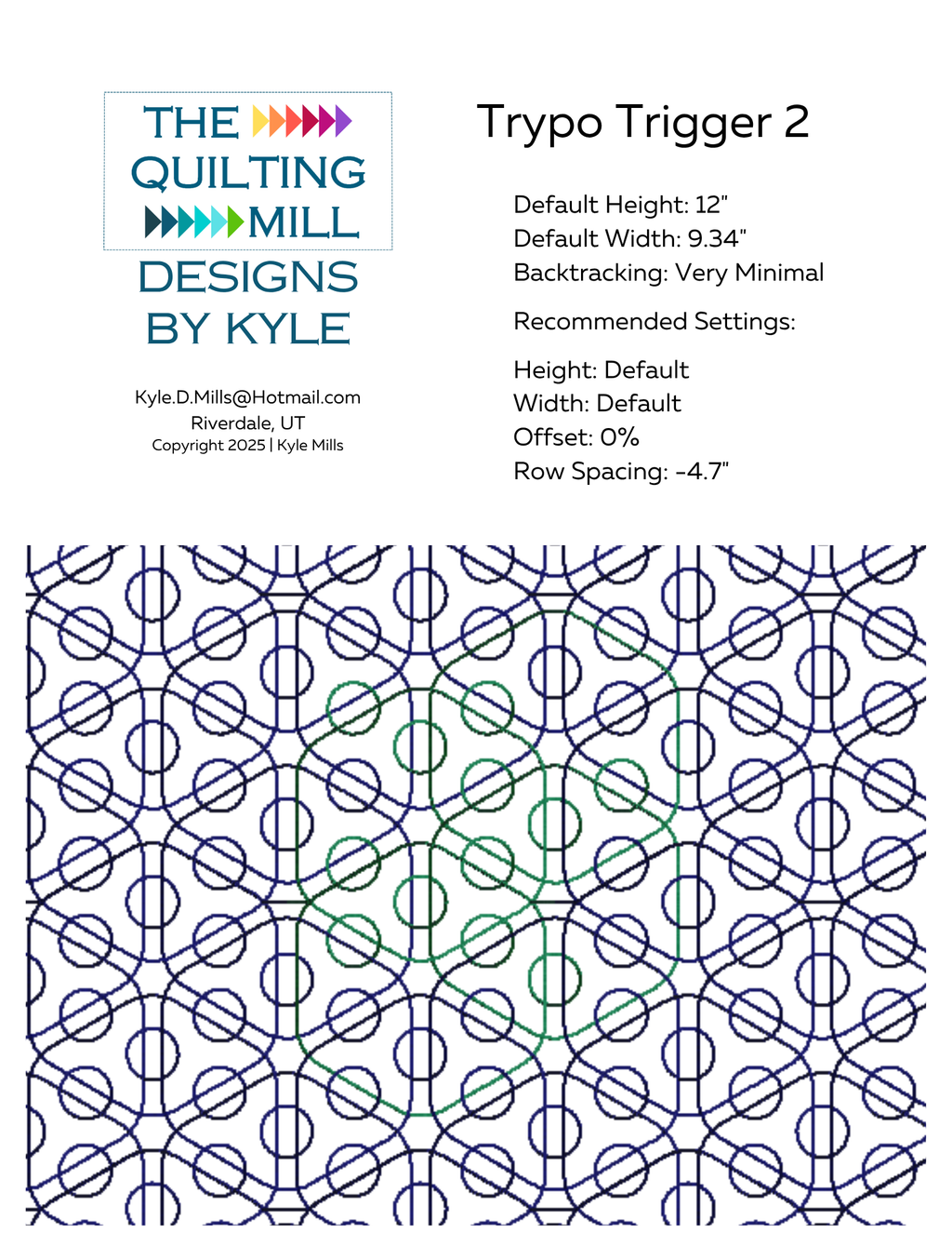 Trypo Trigger 2 digital pantograph info sheet showing default height, width, offset, and recommended row spacing settings