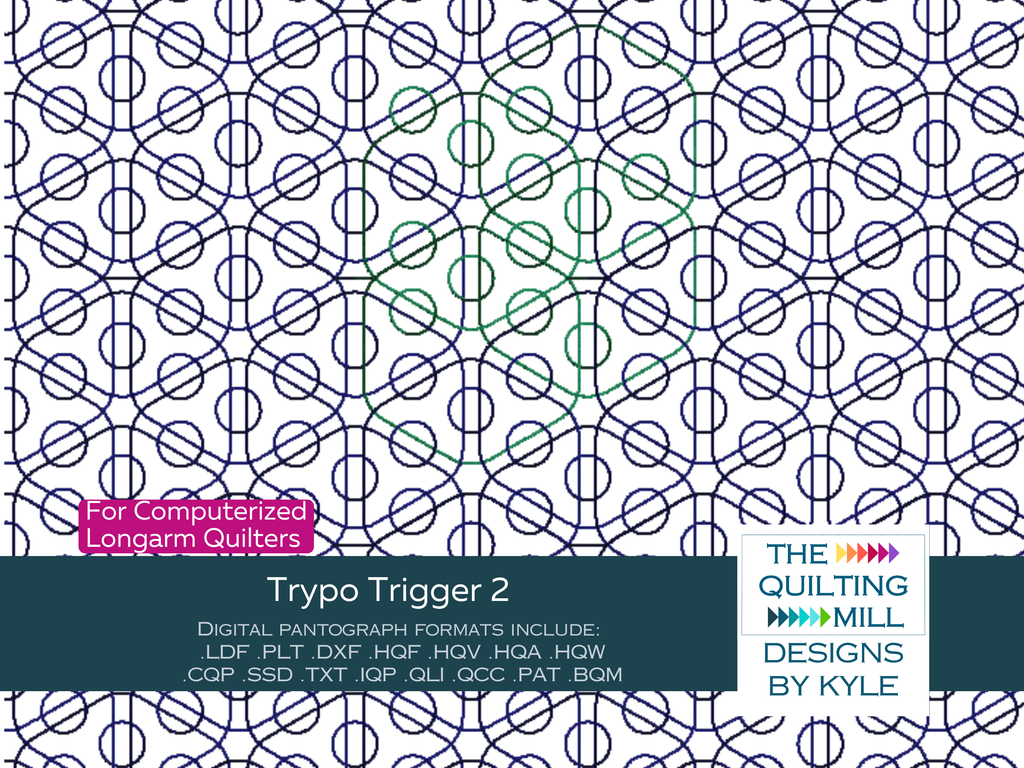 Trypo Trigger 2 modern quilting pantograph product image with The Quilting Mill logo, showing dense interlocking circle design