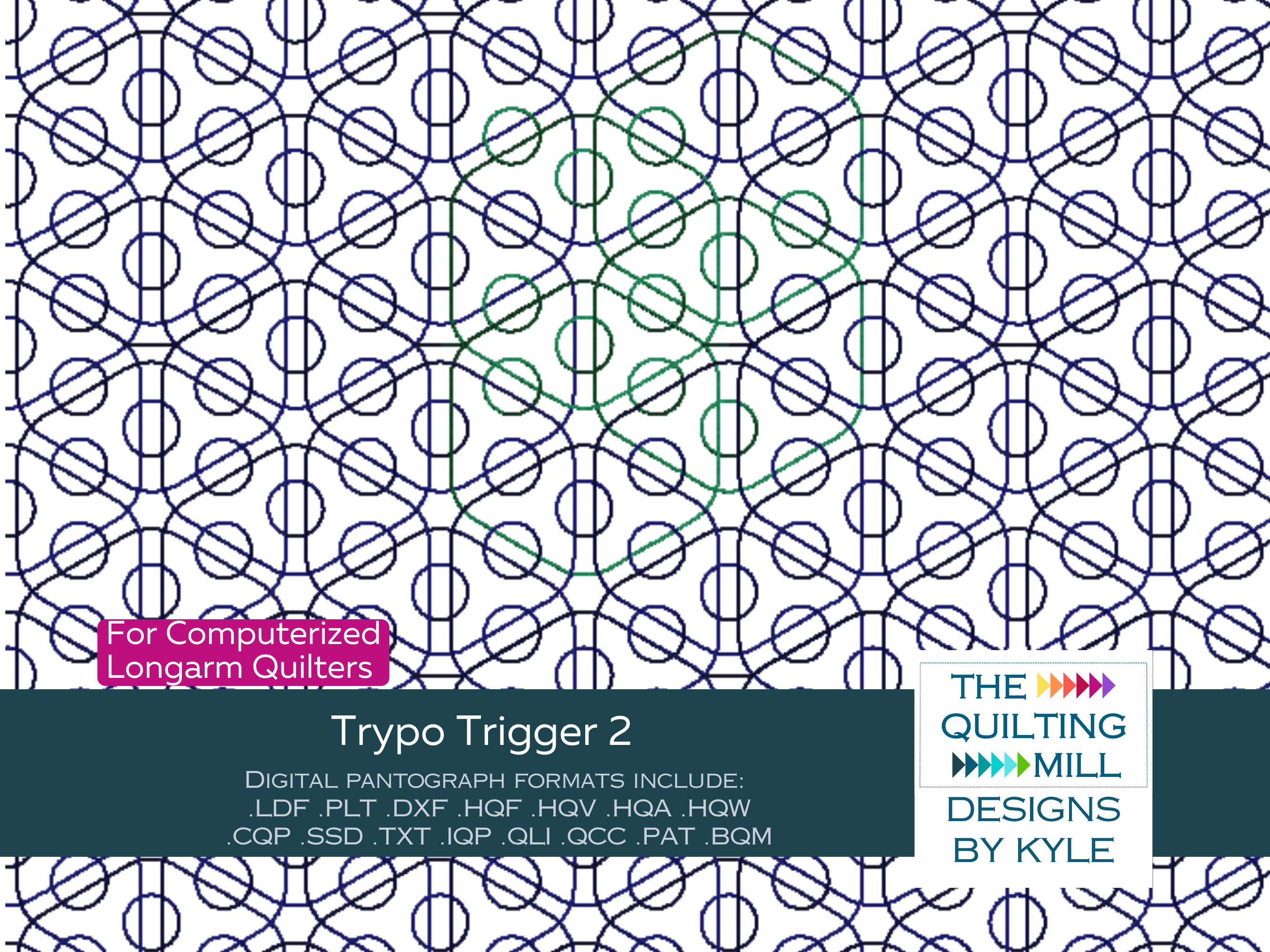 Trypo Trigger 2 modern quilting pantograph product image with The Quilting Mill logo, showing dense interlocking circle design