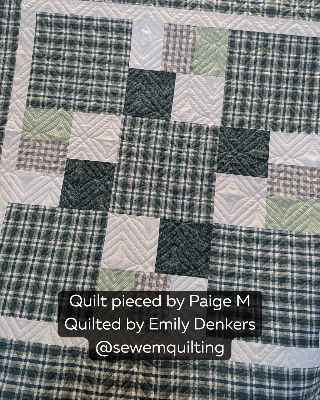 Close-up of a handmade quilt with plaid fabrics, soft neutral tones, and elegant edge-to-edge quilting created with the Tufted Plaid digital quilting pattern
