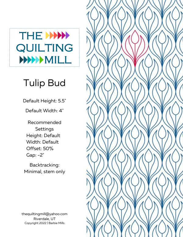 Tulip Bud digital tulip pantograph info sheet – specs and settings for digital tulip pantographs for longarm quilting machines