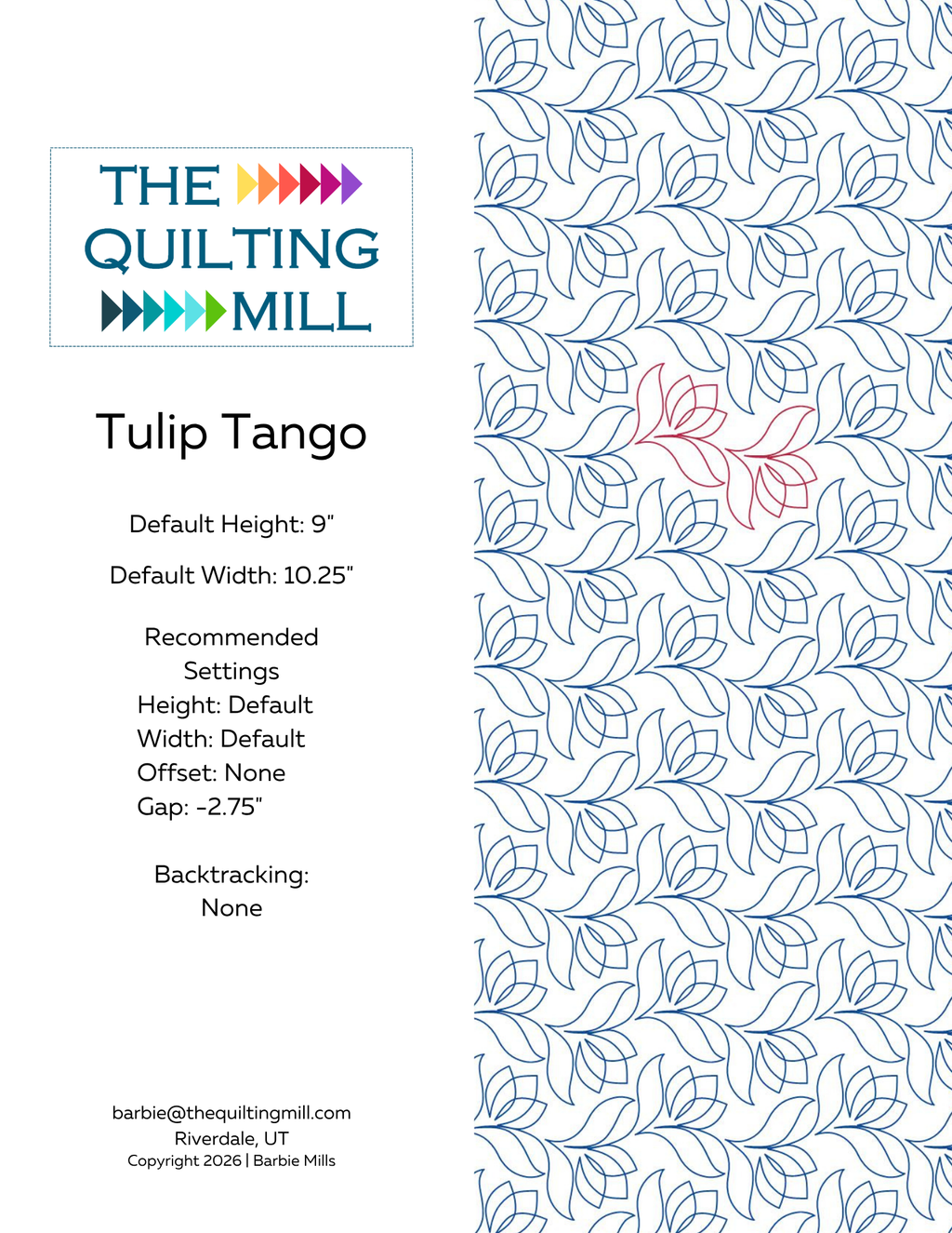 Tulip Tango pantograph specifications showing 9 inch height, 10.25 inch width, negative 2.75 inch gap, and no backtracking