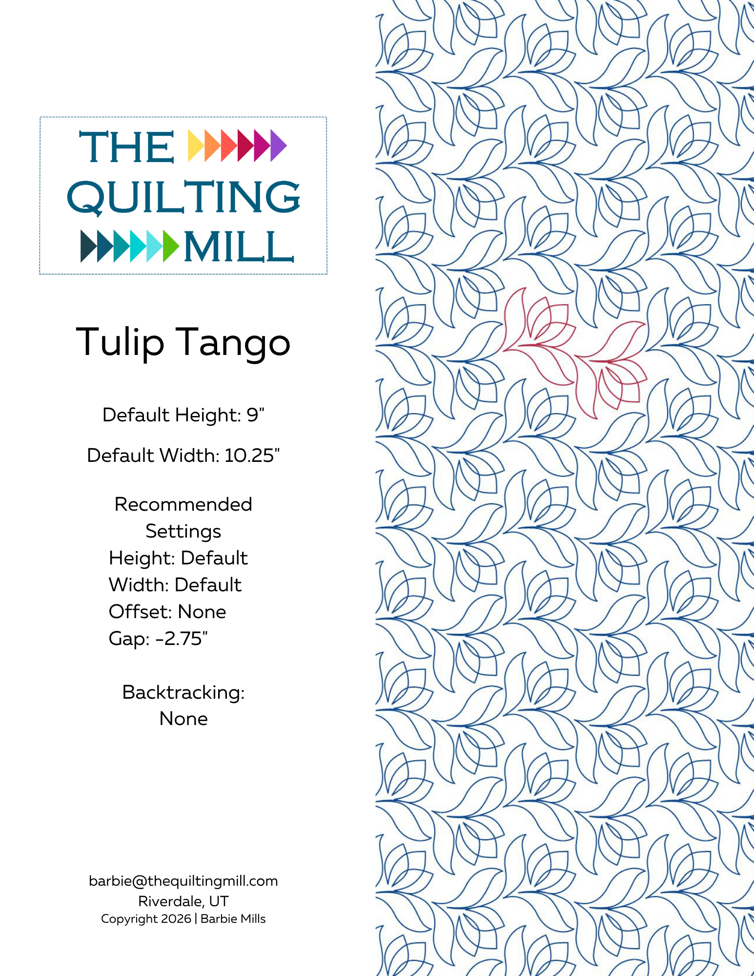 Tulip Tango pantograph specifications showing 9 inch height, 10.25 inch width, negative 2.75 inch gap, and no backtracking