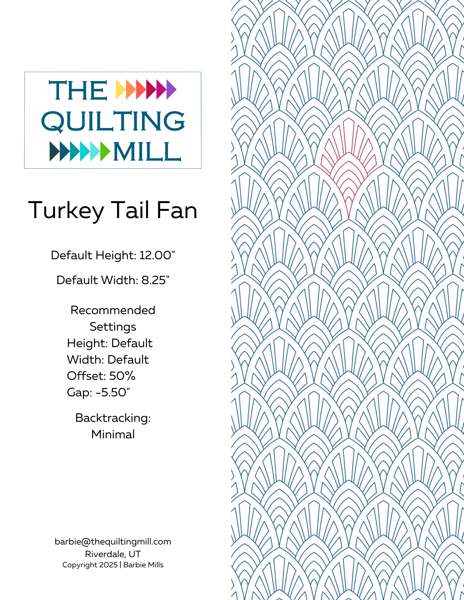 Turkey Tail Fan digital pantograph product specifications – default 12 by 8.25 inch size with 50 percent offset setting for longarm quilting machines