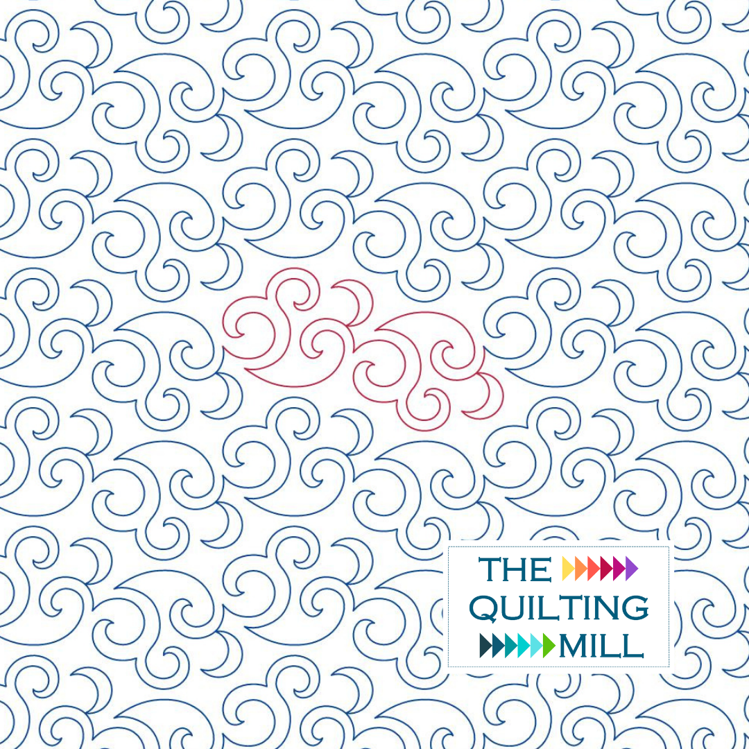 Twirling Moon digital swirl pantograph repeat with The Quilting Mill logo