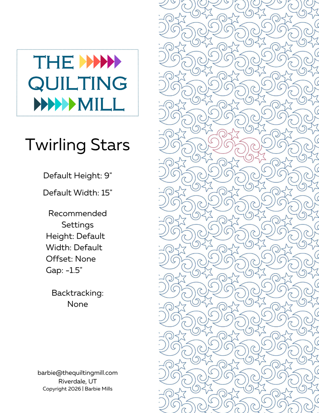 Twirling Stars whimsical quilting pantograph info sheet outlining the star edge to edge quilting design, sized and ready for longarm star pantograph projects.