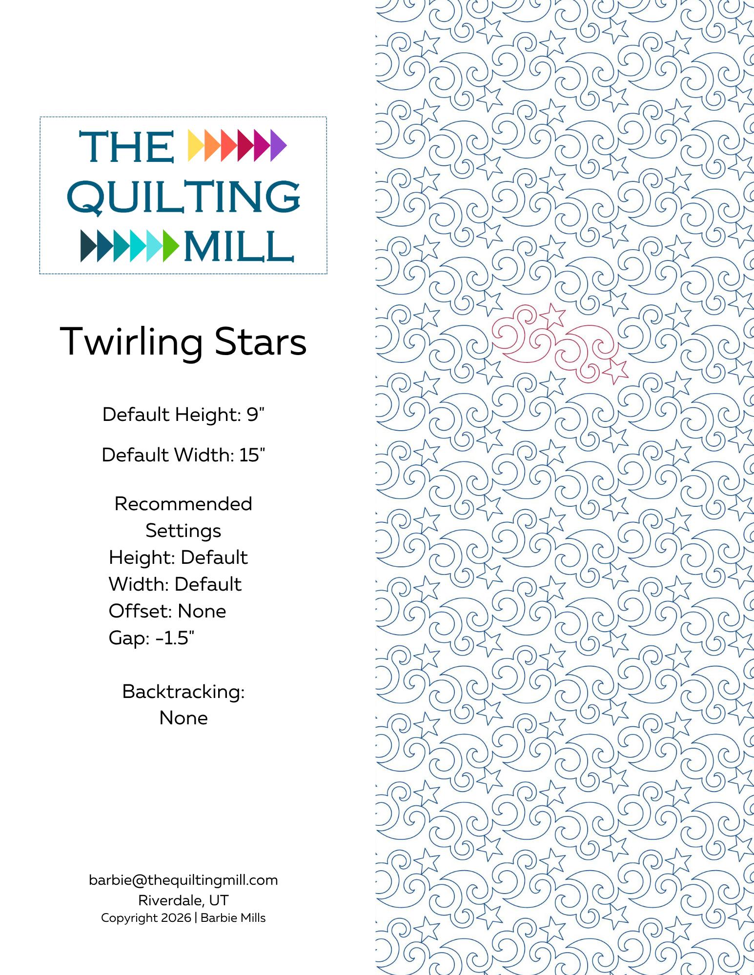 Twirling Stars whimsical quilting pantograph info sheet outlining the star edge to edge quilting design, sized and ready for longarm star pantograph projects.