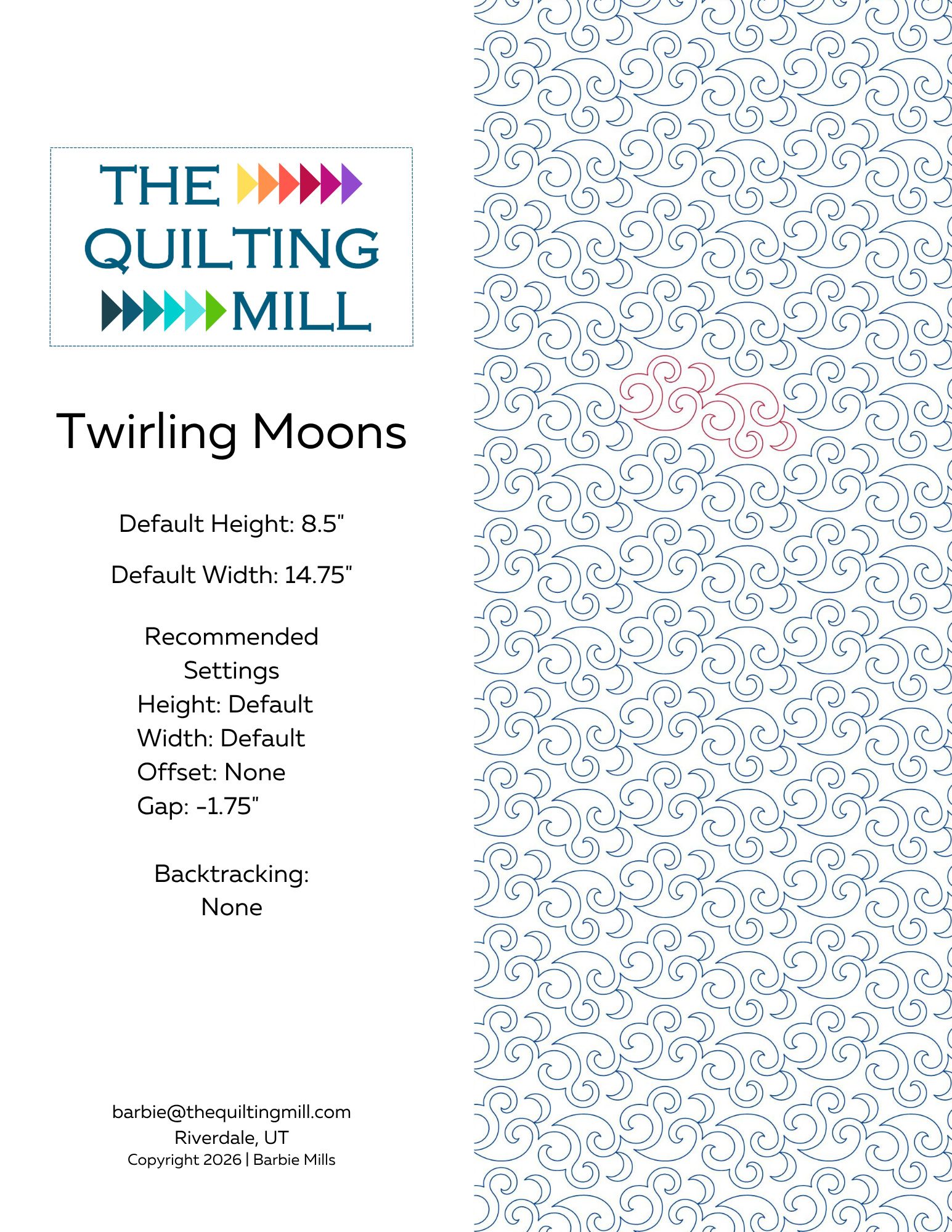 Twirling Moon pantograph information sheet with pattern details and included digital file formats