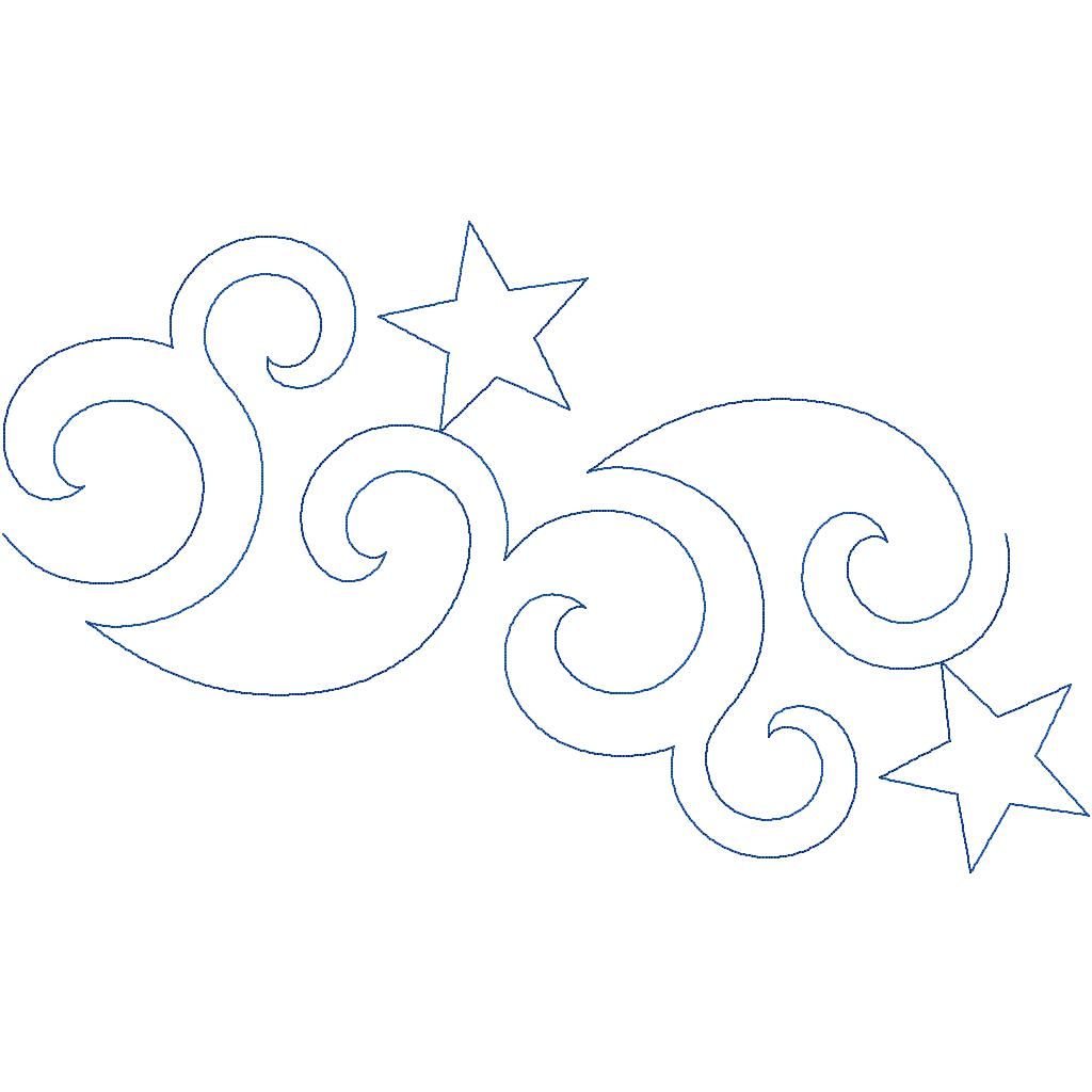 Close-up of the Twirling Stars whimsical quilting pantograph showing the digital star pantograph detail, with tight curling swirls and a single star tucked into each motif.