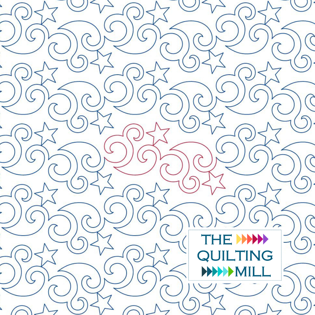 Twirling Stars whimsical quilting pantograph hero image with The Quilting Mill logo, featuring a star quilting pantograph of swirling curls and stars woven into one continuous line.