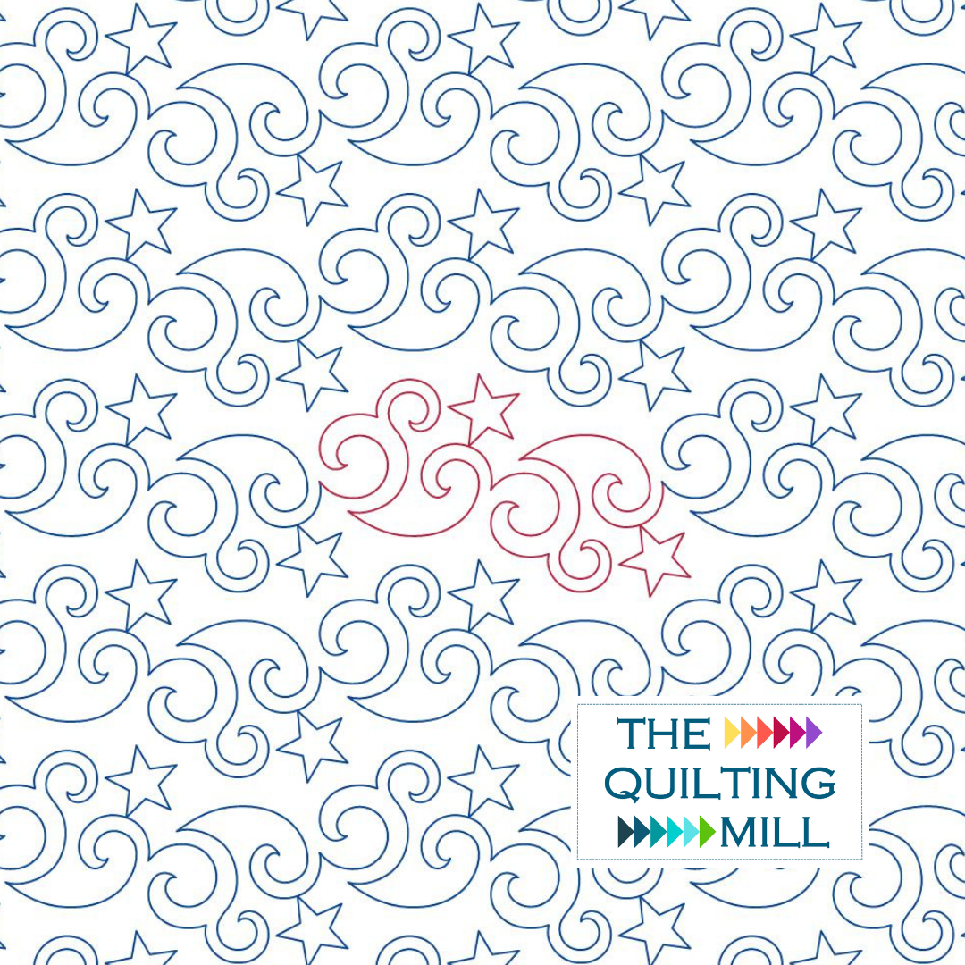 Twirling Stars whimsical quilting pantograph hero image with The Quilting Mill logo, featuring a star quilting pantograph of swirling curls and stars woven into one continuous line.