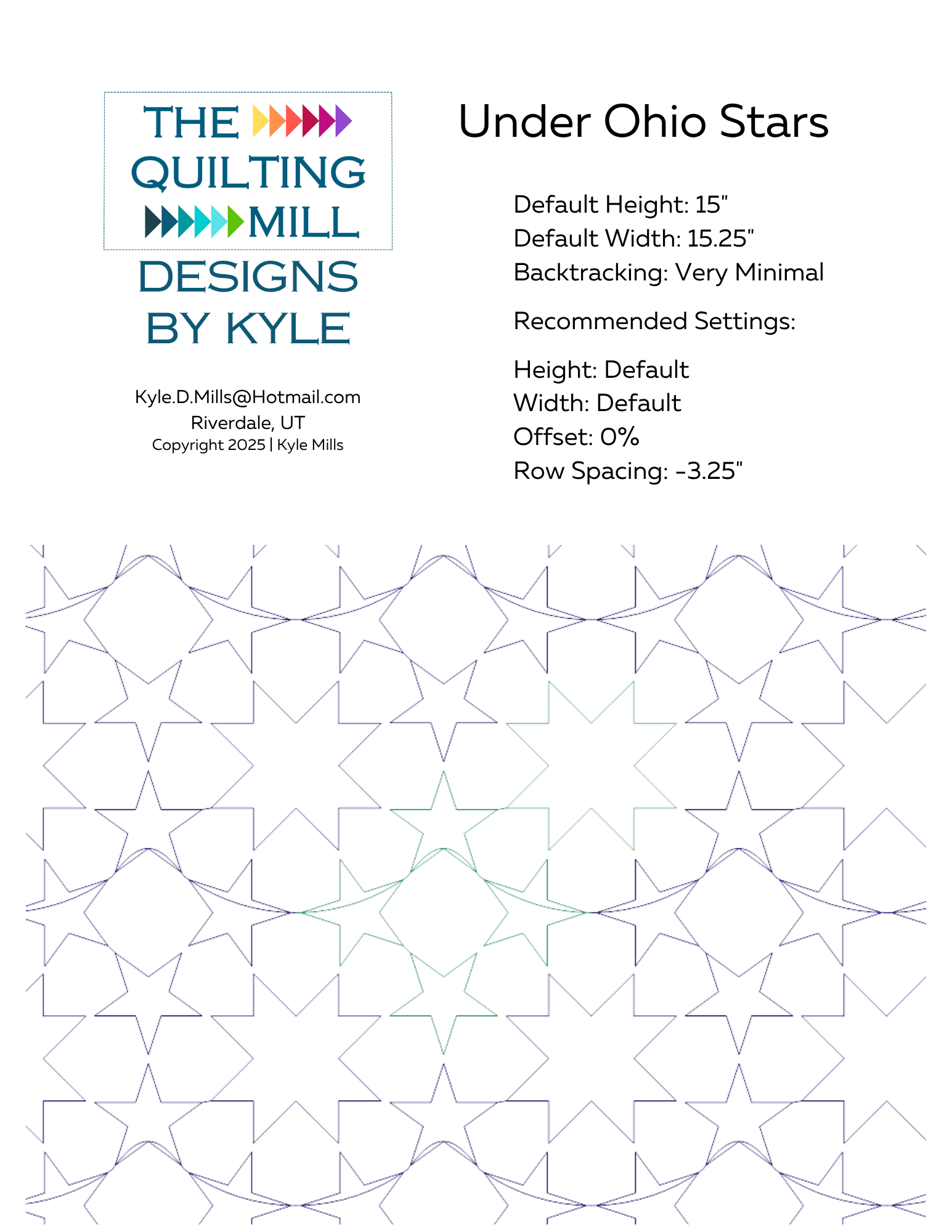 Under Ohio Stars digital pantograph info sheet showing default height, width, offset, and recommended settings