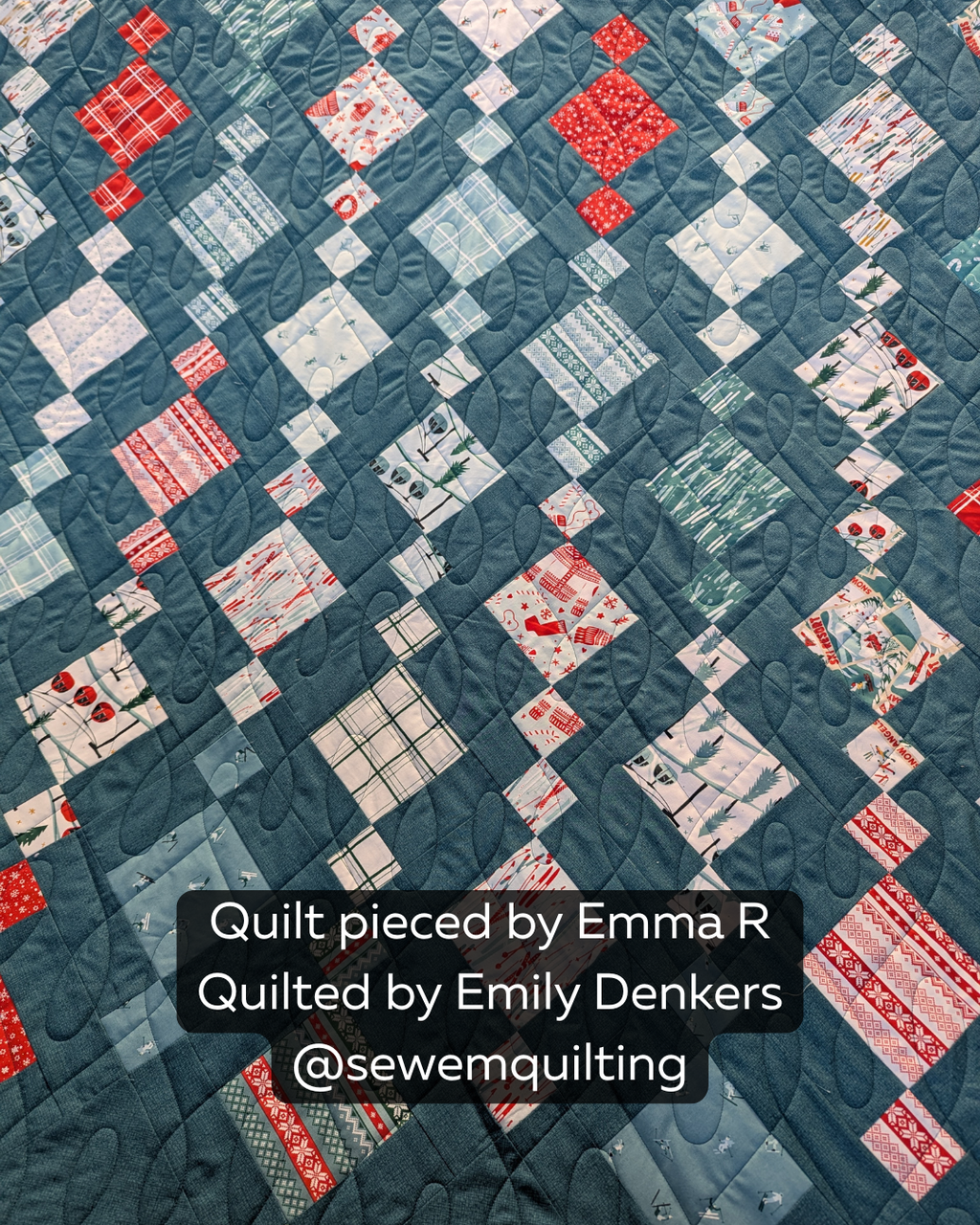 Uneven Wishbone Loop quilting design adds elegant movement and dimension to this charming winter quilt with a mix of seasonal fabrics and geometric blocks