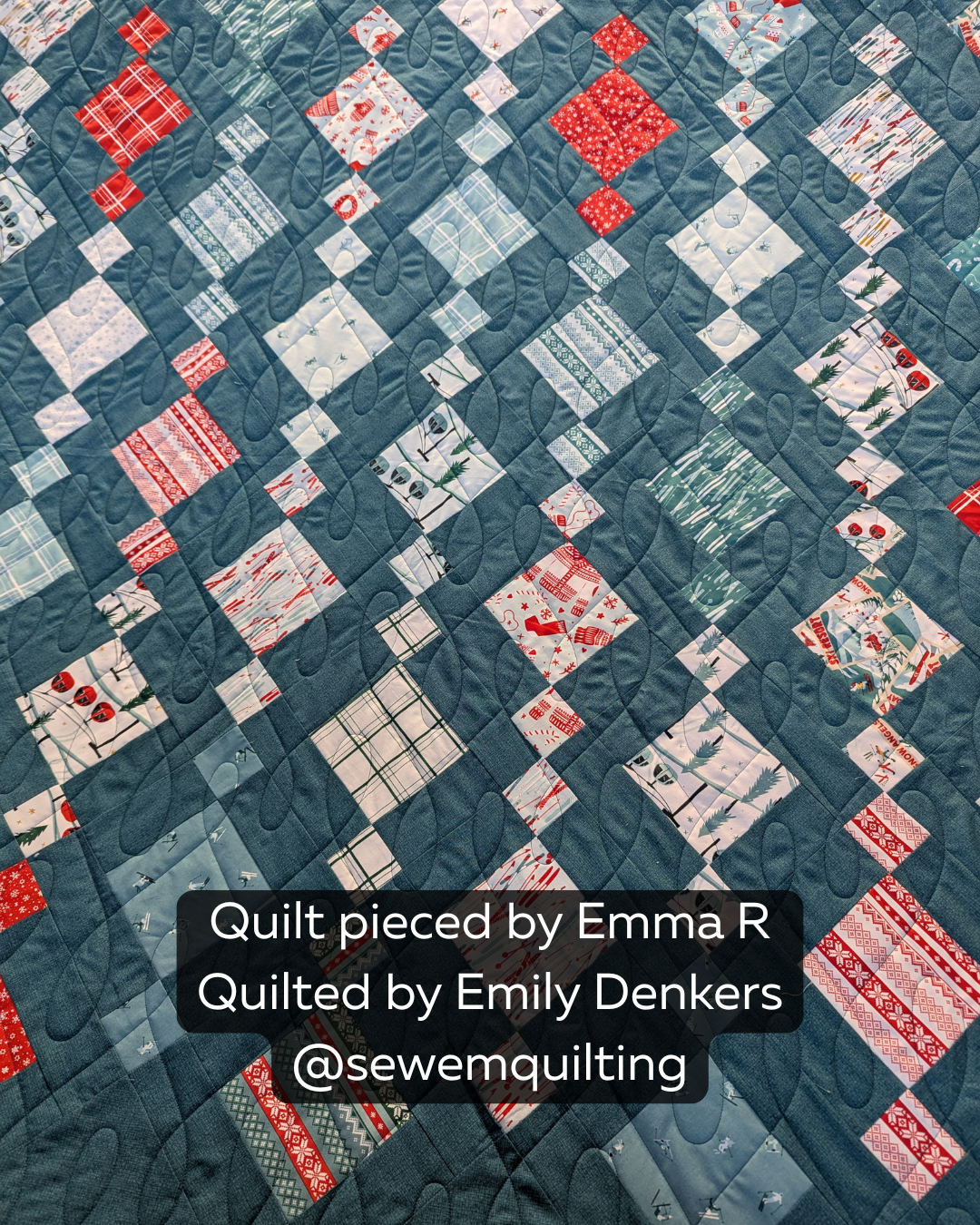 Uneven Wishbone Loop quilting design adds elegant movement and dimension to this charming winter quilt with a mix of seasonal fabrics and geometric blocks