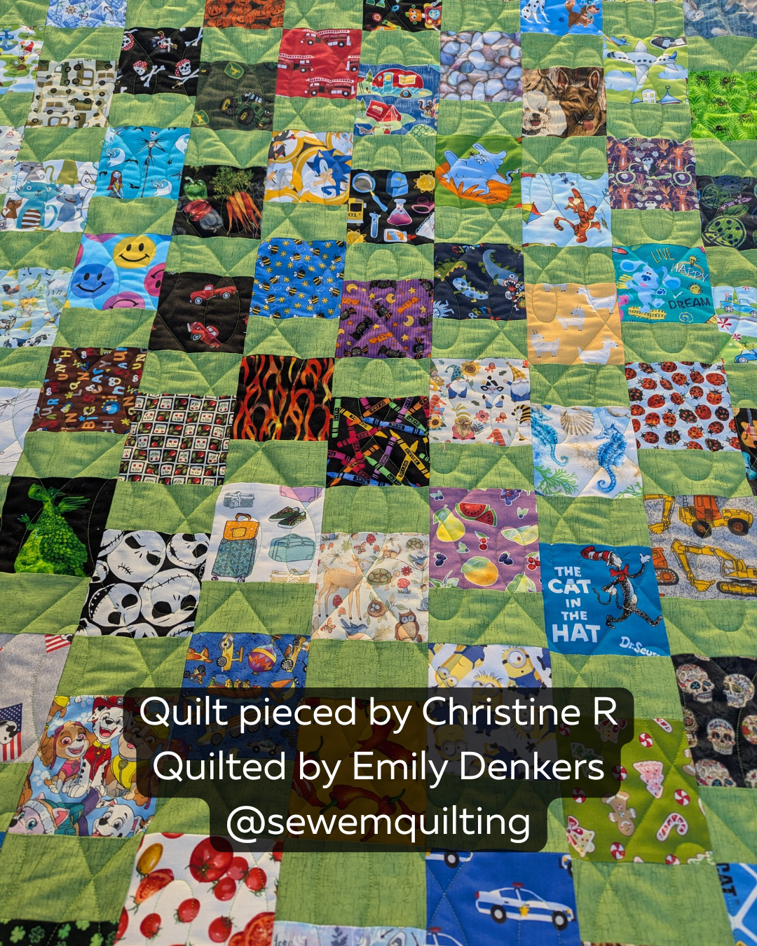 Colorful children’s quilt featuring playful prints and the Uneven Wishbone Loop pantograph, adding soft flowing texture to this fun patchwork design