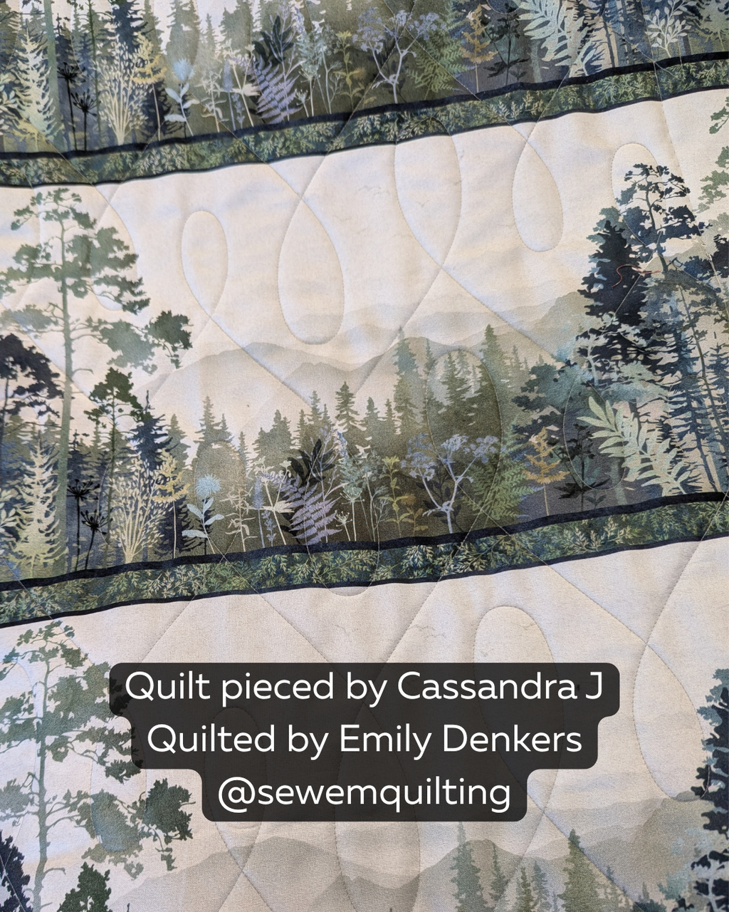 Nature-inspired quilt featuring the Uneven Wishbone Loop pantograph with flowing looped quilting lines that complement the peaceful forest landscape fabrics