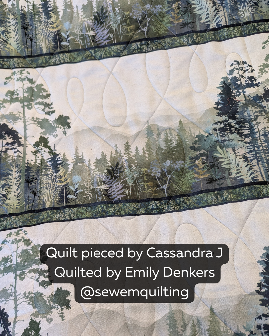 Nature-inspired quilt featuring the Uneven Wishbone Loop pantograph with flowing looped quilting lines that complement the peaceful forest landscape fabrics