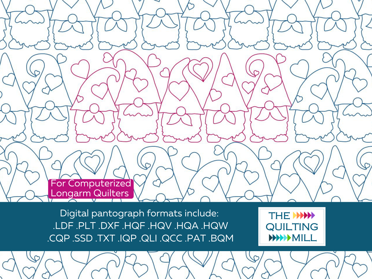 Valentine Gnomes pattern repeat with The Quilting Mill logo showing offset rows of adorable gnome quilting pattern