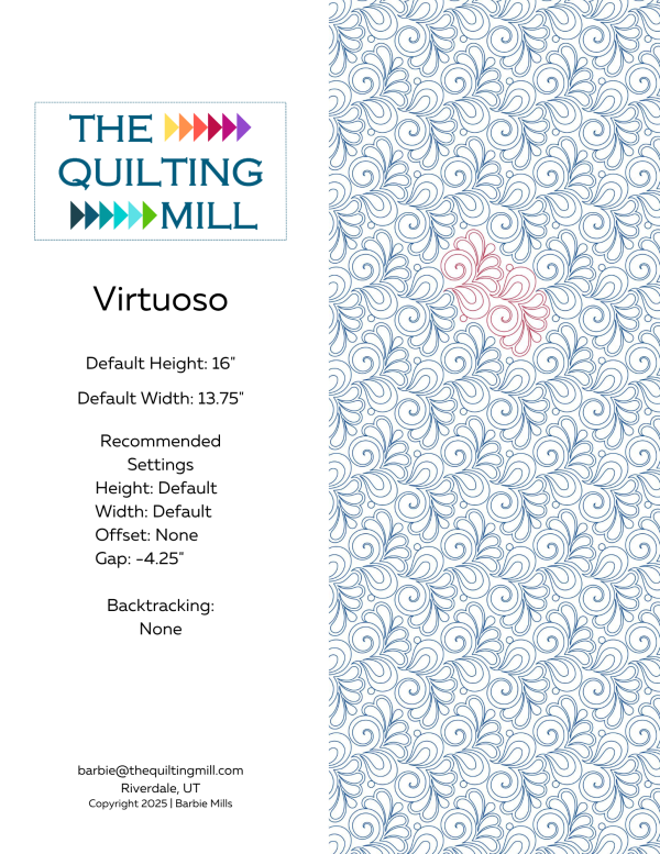 Virtuoso feather longarm design info sheet – specs and settings for digital pantographs for longarm quilting machines