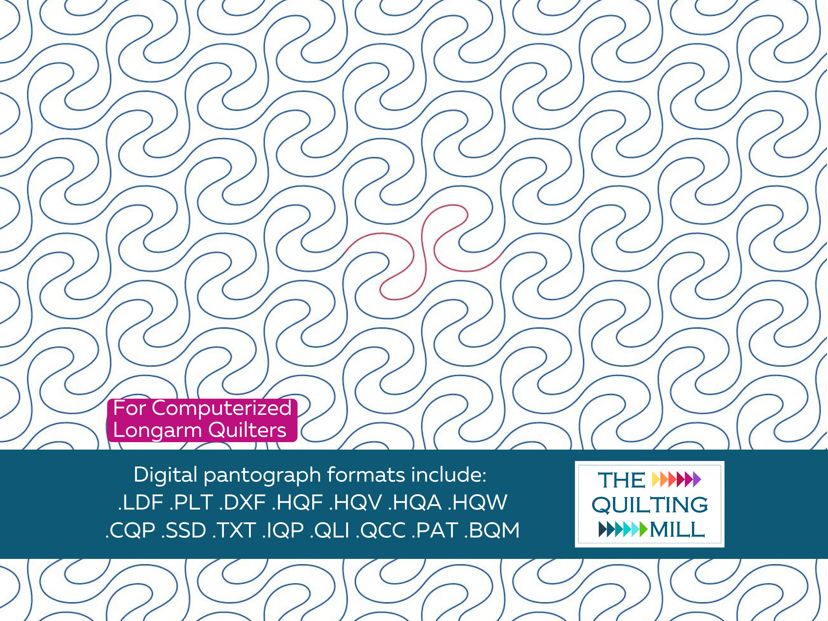 Repeating Viscosity quilt pantograph pattern with The Quilting Mill logo for digital longarm quilting