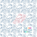 Warbling birds and flowers pantograph digital quilting design with stylized birds perched on leafy branches and blooming florals for longarm quilting