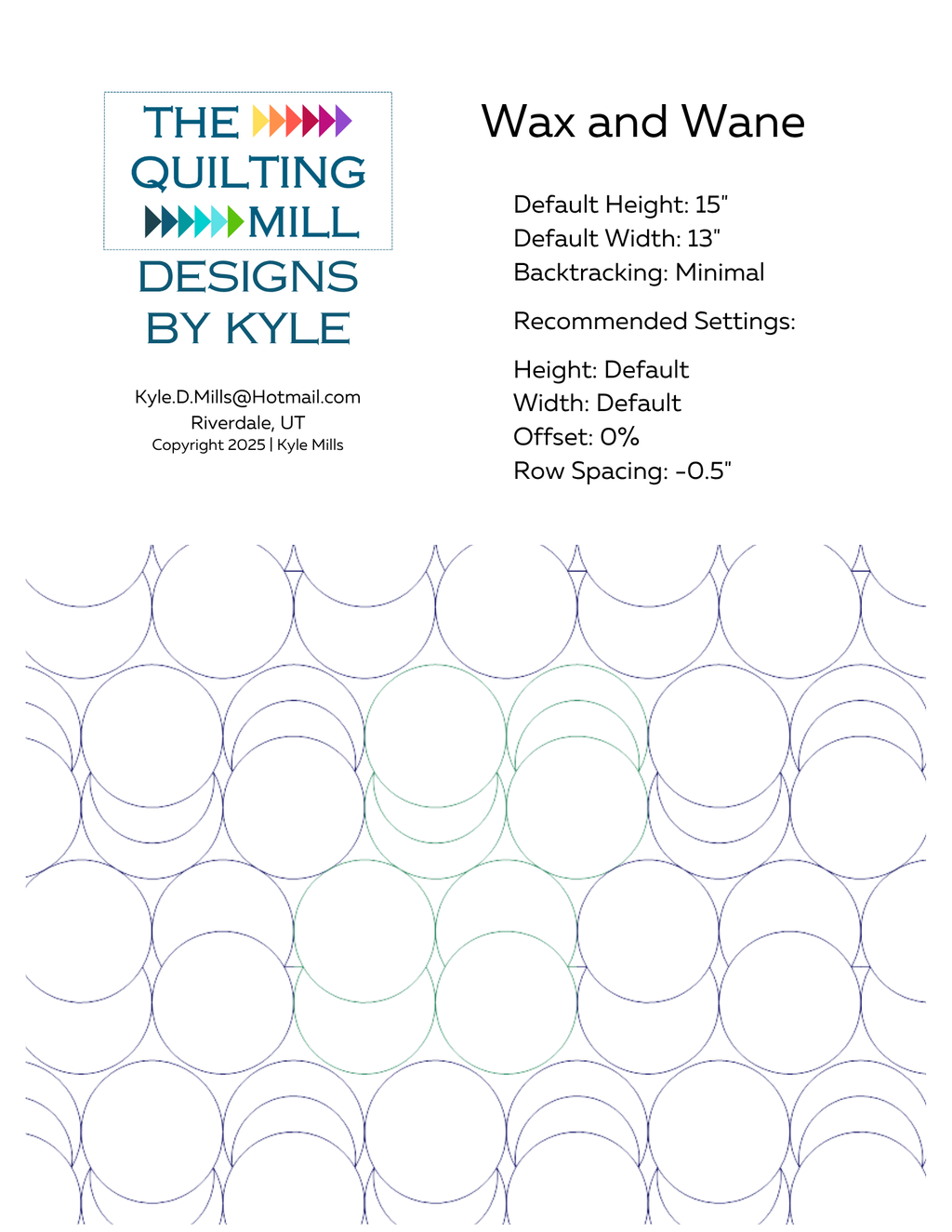 Wax and Wane info sheet showing default height, width, offset, row spacing, and backtracking settings