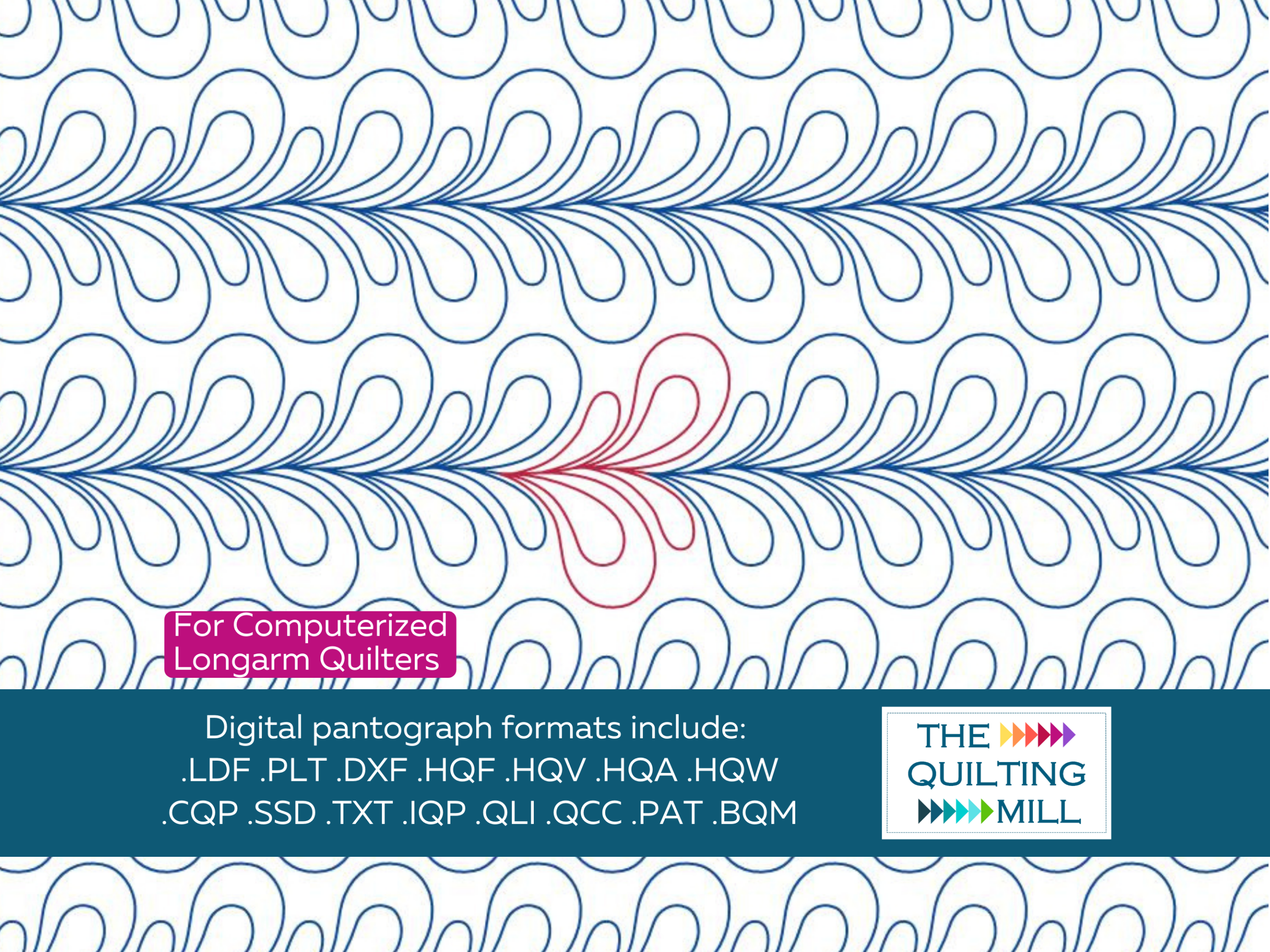 Full repeat of Whim playful pantograph design by The Quilting Mill — curvy feather quilting pantograph for edge to edge longarm quilting
