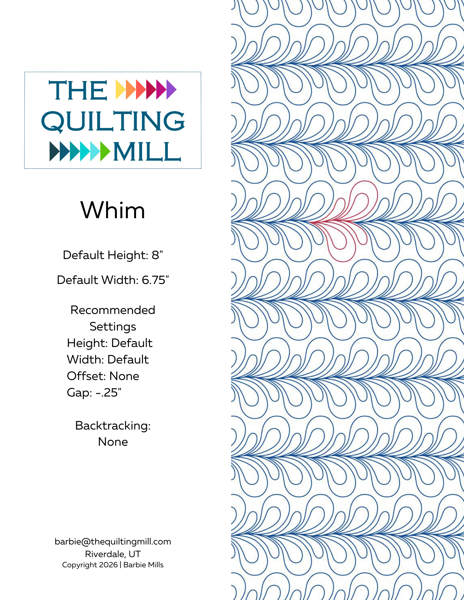 Product info sheet for Whim playful pantograph design showing file formats, dimensions, and recommended longarm quilting machine settings