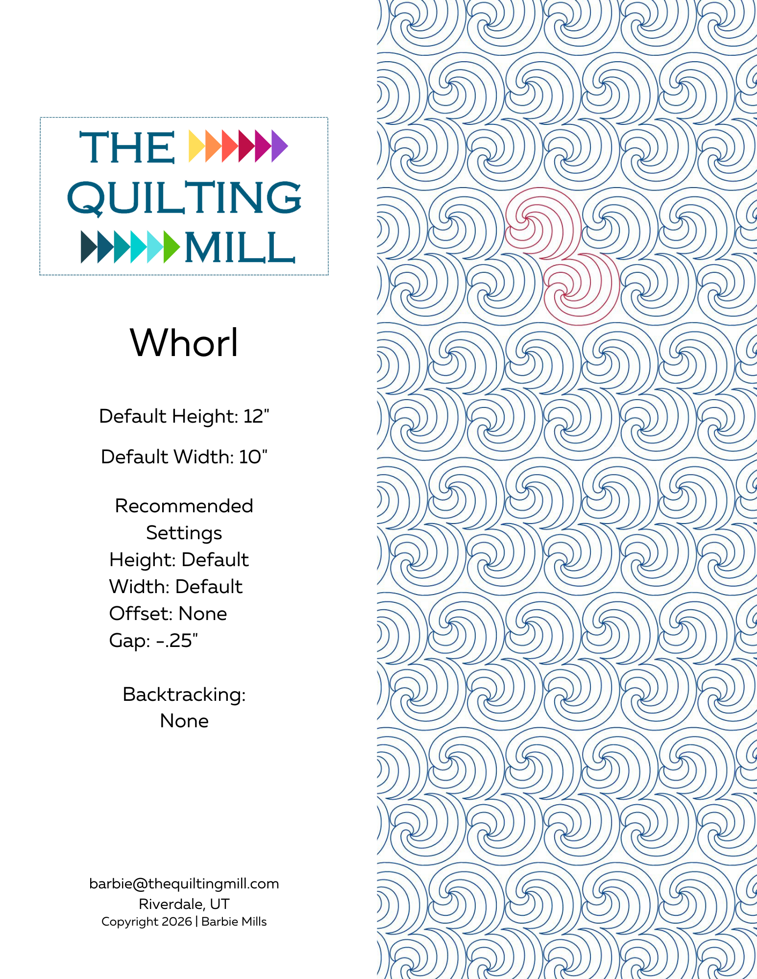 Whorl spiral quilting pantograph info sheet – specs and settings for digital pantographs for longarm quilting