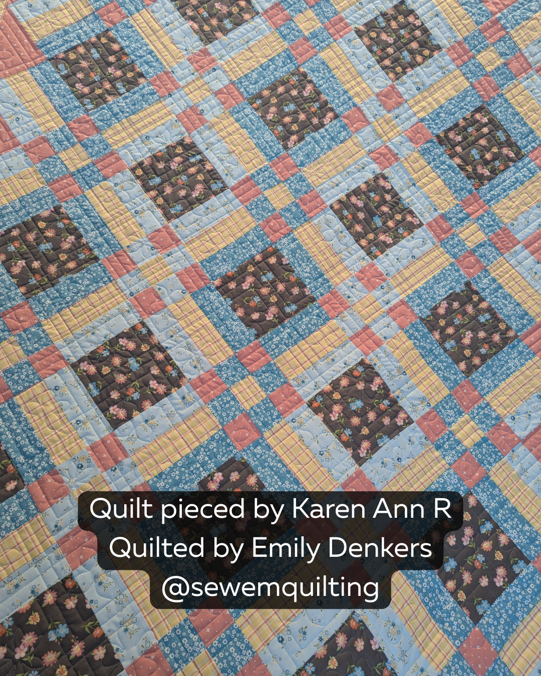 Wildflower Plaid digital pantograph on pastel patchwork quilt pieced by Karen Ann R and quilted by Emily Denkers
