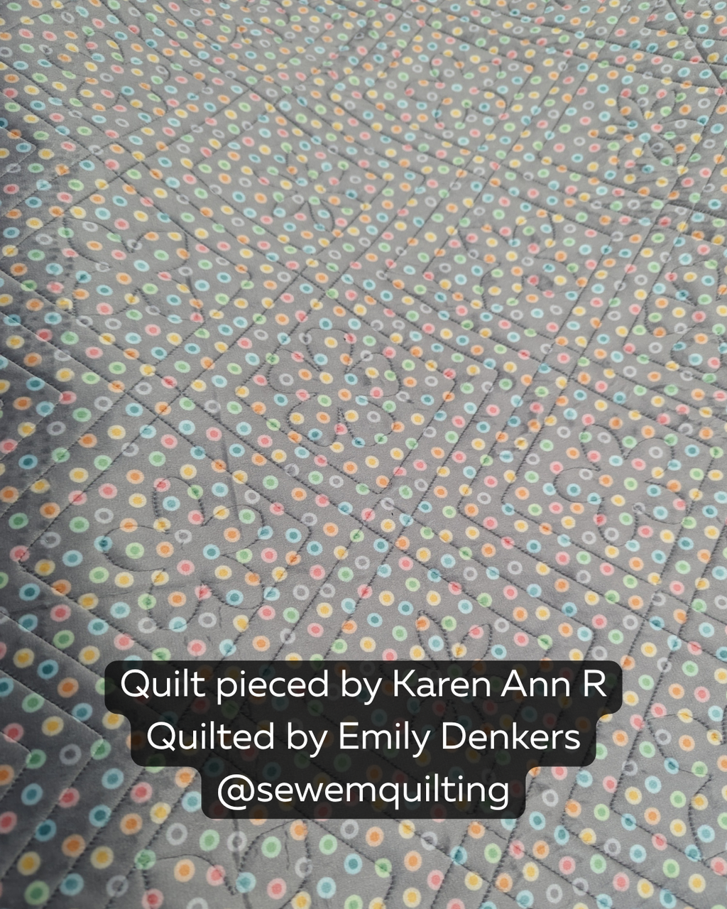 Wildflower Plaid pantograph stitched on gray dotted quilt with soft floral-inspired quilting texture