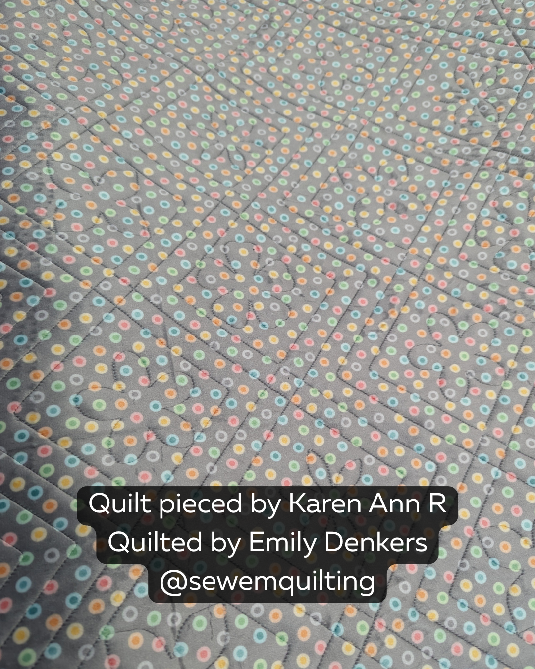 Wildflower Plaid pantograph stitched on gray dotted quilt with soft floral-inspired quilting texture