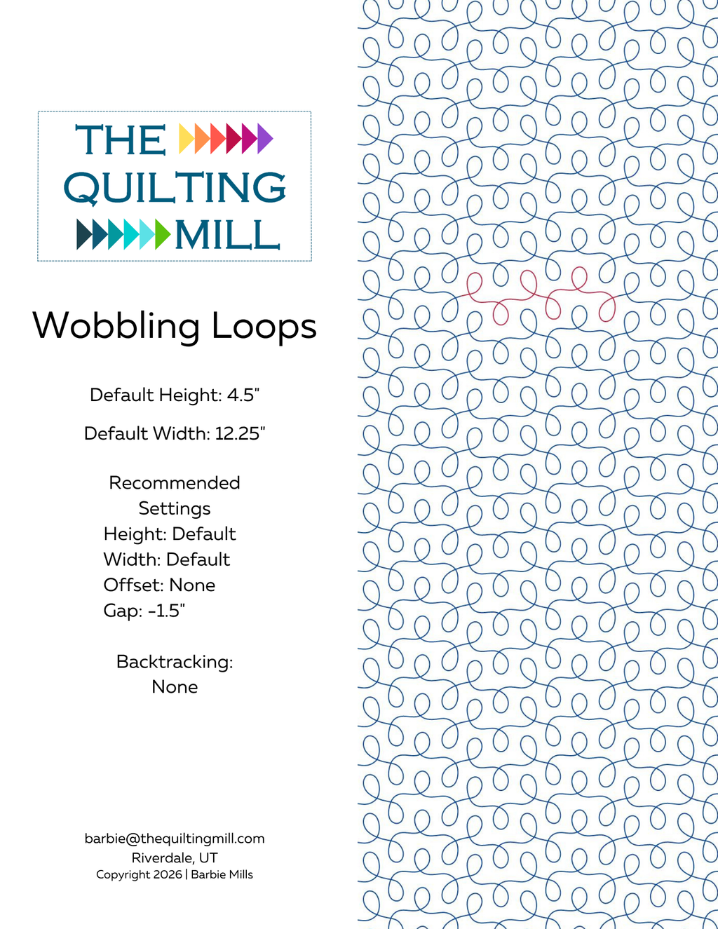 Wobbling Loops playful loop quilting pantograph info sheet by The Quilting Mill — specifications and file details for this simple loop quilting design, including format compatibility for digital pantographs for longarm quilting systems.
