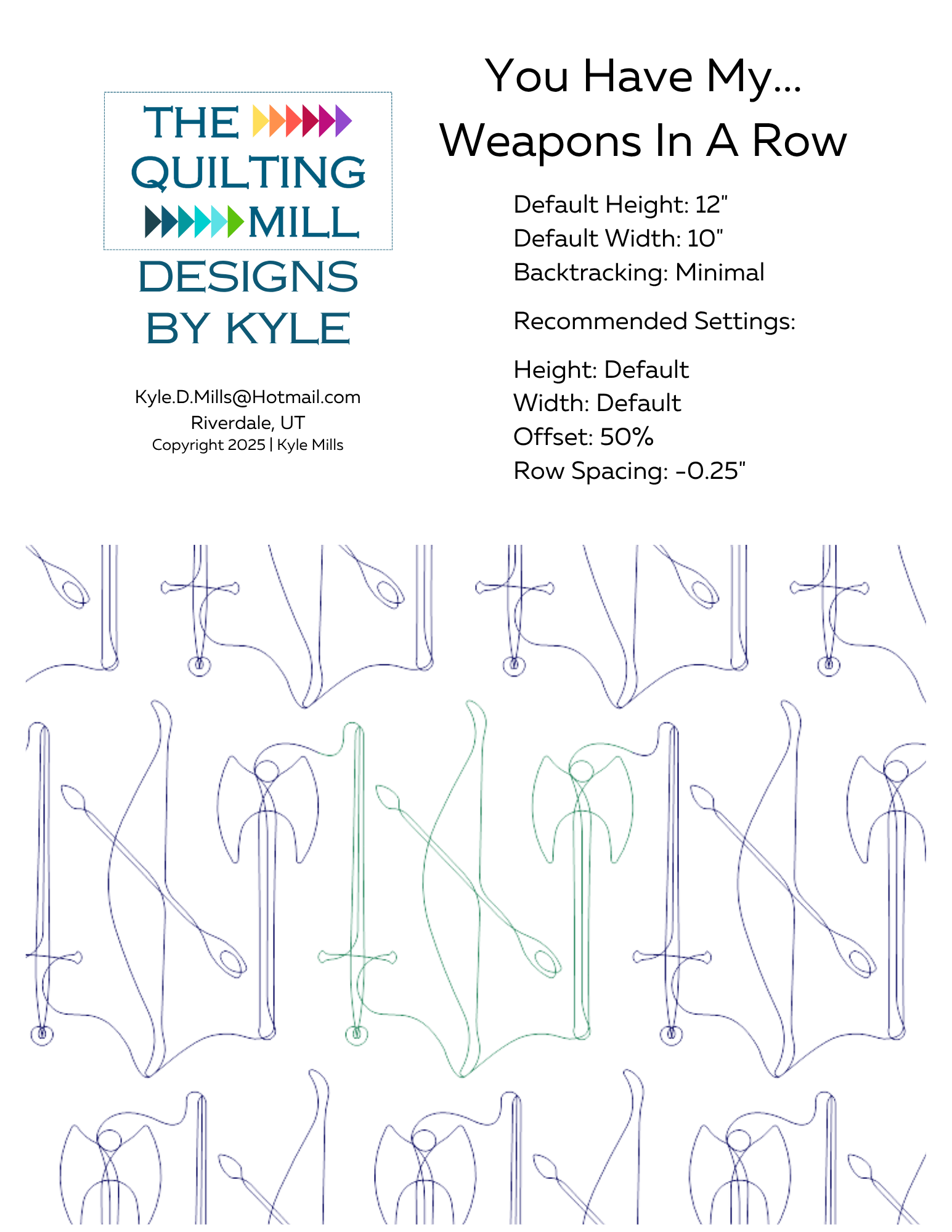 You Have My Weapons In a Row digital pantograph info sheet showing default height, width, offset, and recommended row spacing settings