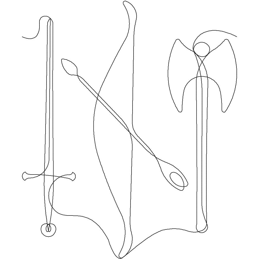 Close-up of You Have My Weapons In a Row quilting pantograph showing detailed sword, axe, and bow stitching in tight row formation