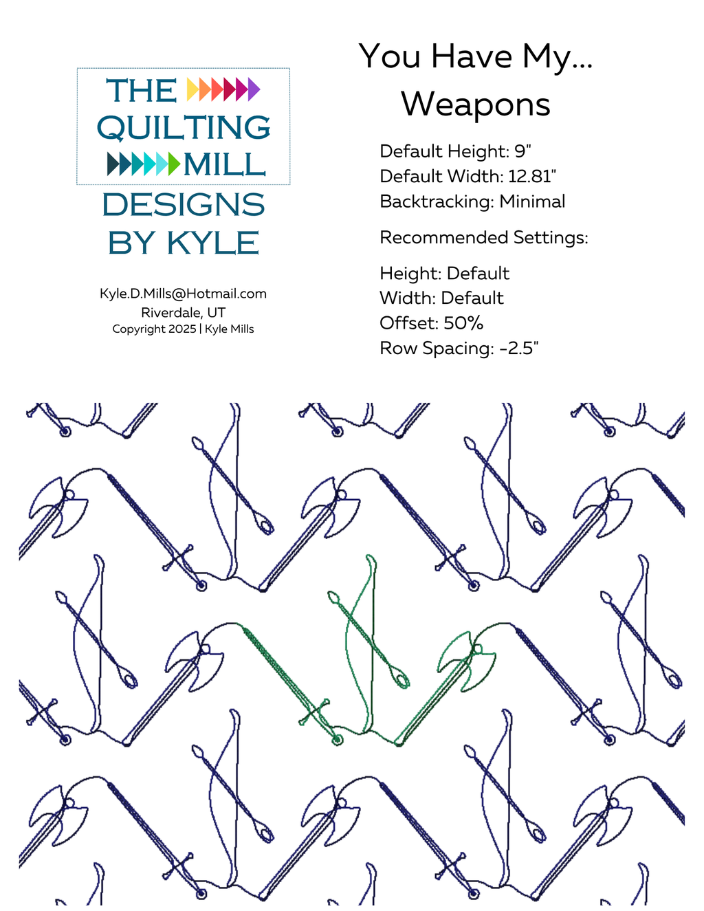 you Have My Weapons digital pantograph info sheet showing default height, width, offset, and recommended row spacing settings