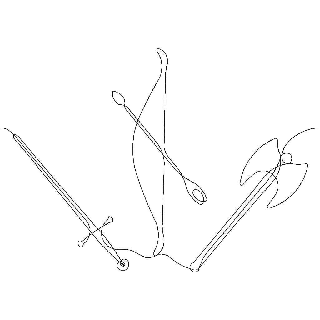 Close-up of You Have My Weapons quilting pantograph showing detailed sword, axe, and bow stitching lines