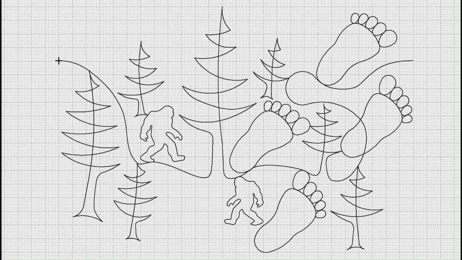 Video preview of Bigfoot Large longarm pantograph stitching a continuous line Sasquatch and forest edge to edge quilting design
