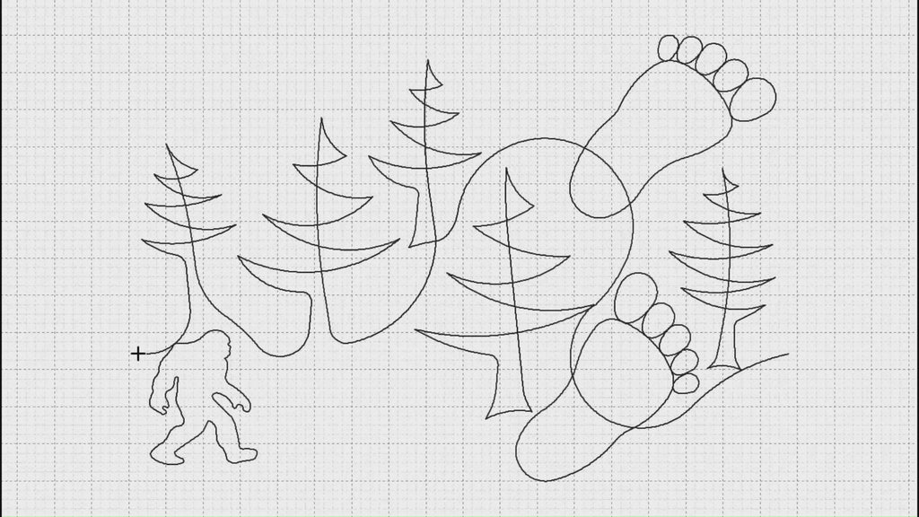 Video preview of Bigfoot Compact longarm pantograph stitching a continuous line Sasquatch and forest edge to edge quilting design