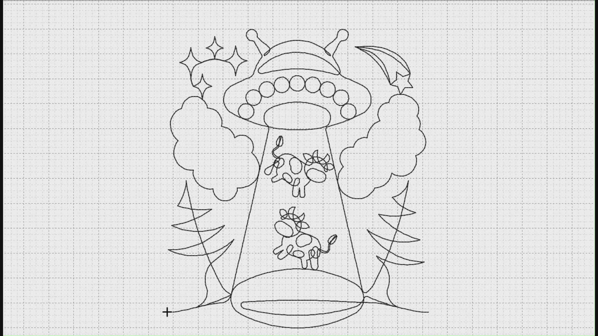 Video preview of Abduction funny quilting pantograph stitching out on a longarm quilting machine